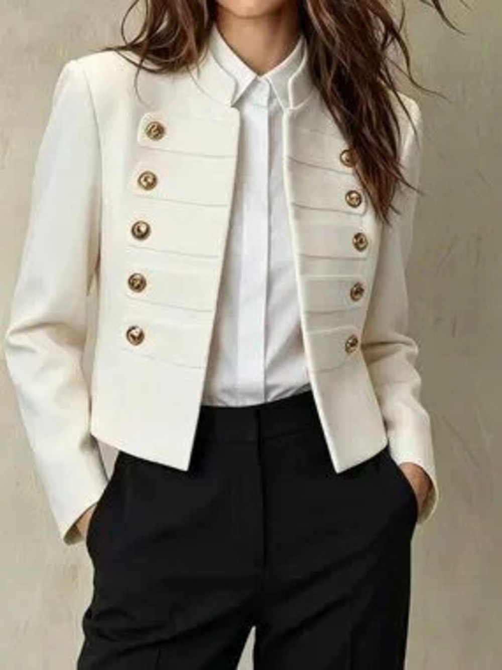 White Casual Women's Stand Collar Double-Breasted Button Cropped Blazer Jacket